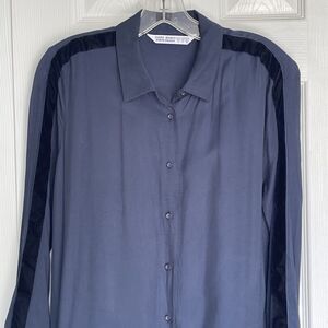 Zara Basic Z1975 Denim Small Shirt Blue Long Sleeve Button Up Velvet Decorative